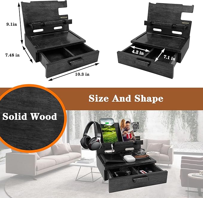 VEIYAILU Gifts for Him Husband Boyfriend Son Men Nightstand Organizer Wood Phone Docking Station Birthday Gifts (Black)