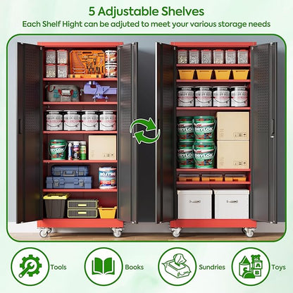 Aobabo Metal Garage Storage Cabinets with Wheels,Steel Cabinets with 5 Adjustable Shelves for Garage Home Office Storage, Red-Black,Assembly Required