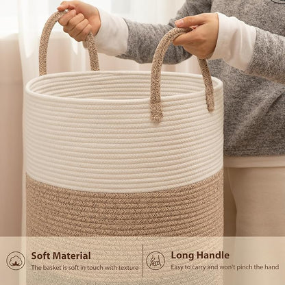 OIAHOMY Large Laundry Basket Hamper - 60L Cotton Rope Woven Basket for Blankets, Toys, Clothes - Tall Decorative Nursery Hamper with Long Handles, Gradient Brown