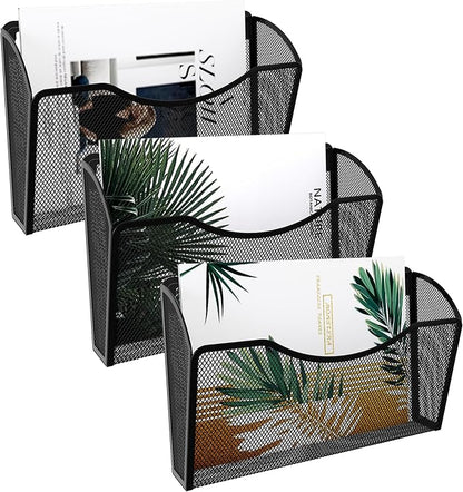 EasyPAG Wall File Organizer 3 Pack, Hanging File Organizer Wall Mount, Metal Mesh Folder Holder for Letter/A4 Papers, Mail Sorter for Office, Classroom, Home, Black