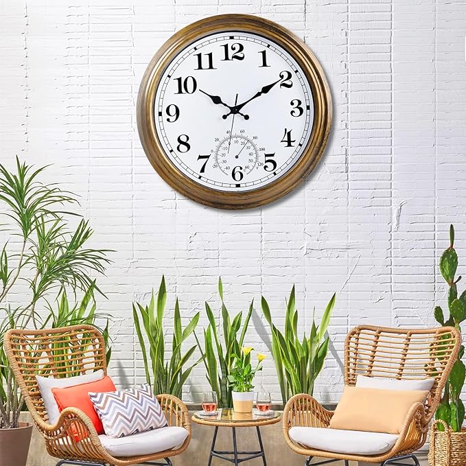 16 Inch Large Outdoor Clock, Retro Waterproof Indoor/Outdoor Clock Non-Ticking Clock with Thermometer, Battery Operated Wall Clock for Patio, Garden, Pool - Bronze