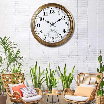 16 Inch Large Outdoor Clock, Retro Waterproof Indoor/Outdoor Clock Non-Ticking Clock with Thermometer, Battery Operated Wall Clock for Patio, Garden, Pool - Bronze