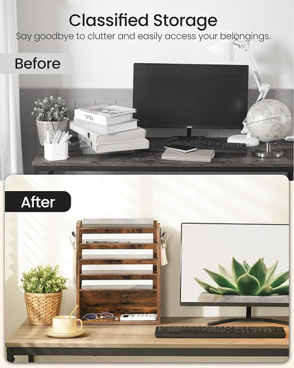 CHOEZON Wall File Organizer, 6-Tier Vertical Mount Hanging Holder with 2 Side Hooks, Vintage Wooden Magazine Storage Crate with Bottom Flat Tray, Desk Organizer, for Office, Home, Rustic Brown MWJ01FG