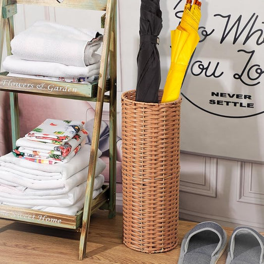 Weysat Woven Umbrella Stand for Entryway Handmade Umbrella Holder Freestanding Cane Stand Natural Color Decorative Umbrella Rack Tall Basket for Laundry Bathroom(Rattan, Cylindrical Style)