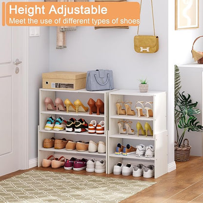 X-cosrack 2-Tier Shoe Rack Organizer for Closet, Expandable and Adjustable White Shoe Rack, Stackable Iron Wood Combination Shoe Storage Shelves for Closets, Entryway, Small Space, Hallway, Garage