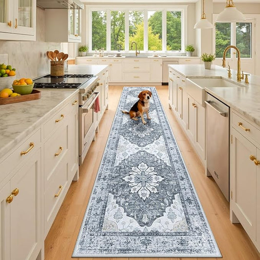 RELEANY Area Rugs Runner 2'x10' Washable Non-Slip, Floral Vintage Distress Medallion Carpet for Kitchen Hallway Bedroom Beside Laundry Room Bathroom, Light Gray Grey White