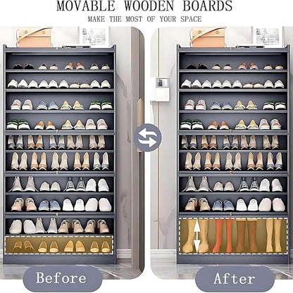 10-Tier Large Shoe Cabinet with Acrylic Doors, Large Capacity Bamboo Shoe Cabinet, 40-45 Pairs Shoe Rack, Free Standing Shoe Rack,Entrance for Hallway Living Room
