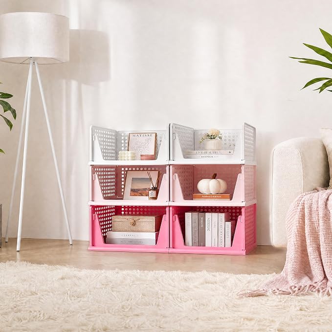 Pink Girl Closet Organizers and Storage Stackable Plastic Drawer Basket for Clothing Stackable Storage Bins Shelf Storage Container for RV Closet Wardrobe Bedroom Bathroom Playroom 6 Pack