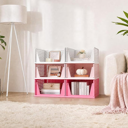Pink Girl Closet Organizers and Storage Stackable Plastic Drawer Basket for Clothing Stackable Storage Bins Shelf Storage Container for RV Closet Wardrobe Bedroom Bathroom Playroom 6 Pack