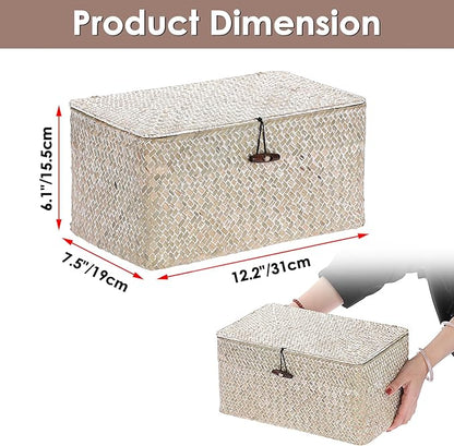 Sumnacon Wicker Basket with Lid Rectangle Woven Baskets for Toiletries Tampon Storage,Wicker Storage Basket with Lid,Decorative Seagrass Storage Baskets for Shelf Bathroom Toilet Table,Whitewash