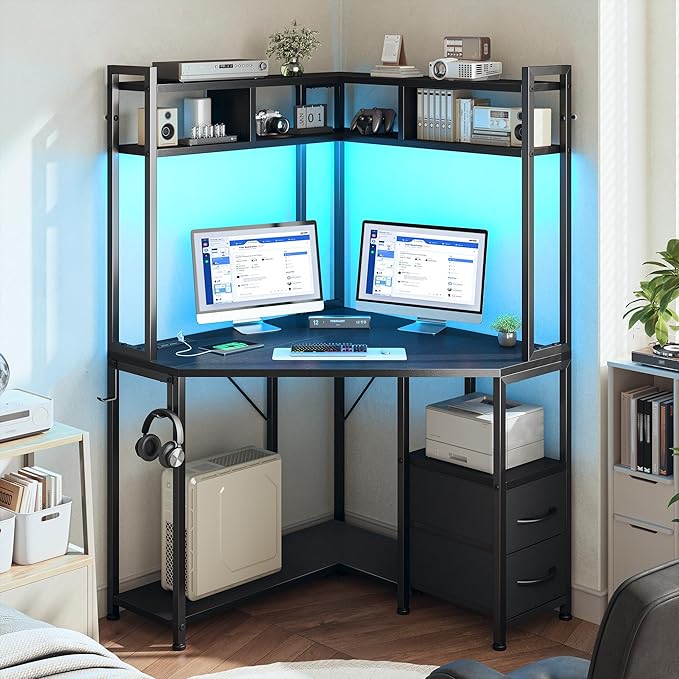 Corner Desk,35.4" W x 63" H Small Computer Desk and Office Desk with Hutch & LED Lights，Gaming Desk with Storage Drawers & Shelves and Hook for Small Space,Black