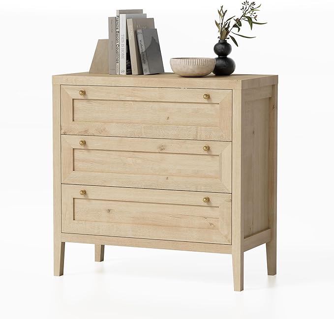 3 Drawers Dresser for Bedroom, Farmhouse Closet Storage Organizer with Golden Handles, Wooden Nightstand End Table for Living Room, Bedroom, Entryway, Hallway, Light Oak