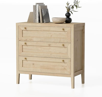 3 Drawers Dresser for Bedroom, Farmhouse Closet Storage Organizer with Golden Handles, Wooden Nightstand End Table for Living Room, Bedroom, Entryway, Hallway, Light Oak