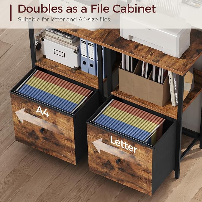 MAHANCRIS Printer Table with Storage, Home Printer Stand with File Cabinet, Fits A4/Letter Size Files, Printer Cabinet with Large Tabletop, Display Shelf, for Home Office, Rustic Brown PTHR3501