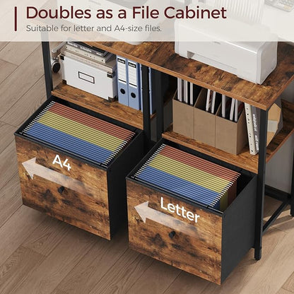 MAHANCRIS Printer Table with Storage, Home Printer Stand with File Cabinet, Fits A4/Letter Size Files, Printer Cabinet with Large Tabletop, Display Shelf, for Home Office, Rustic Brown PTHR3501