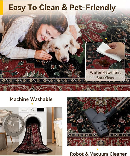 RELEANY Area Rugs Small 2'x3' Washable Non-Slip, Floral Vintage Distress Medallion Carpet for Kitchen Entryway Bathroom, Red Black
