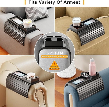 Bestjing Bamboo Couch Armrest Table, Sofa Arm Tray with Detachable Couch Cup Holder- 2 in 1 Anti-Slip Foldable Sofa Armchair Caddy Table for Drinks Cellphone TV Remote Snacks (Black)