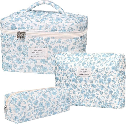 3PCS Makeup Bag,Quilted Cosmetic Bag,Large Floral Makeup Bag for Women,Cute Cotton Cosmetic Bag Set,Travel Toiletry Bag For Women(White blue)