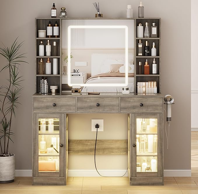 Grey Vanity Desk with Mirror and Lights, 43.4" Makeup Vanity Table Set with Lighted Mirror & RGB Glass Cabinet, 3 Drawers, Glass Top Dressing Table with Large Shelves for Girls, 3 Color Modes