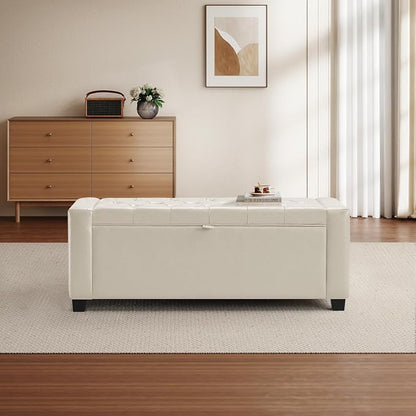 GRAINELL Storage Ottoman Bench, Upholstered Tufted Bedroom Bench with Storage, End of Bed Storage Bench for Living Room & Entryway, 350 lb Capacity, Leather Beige