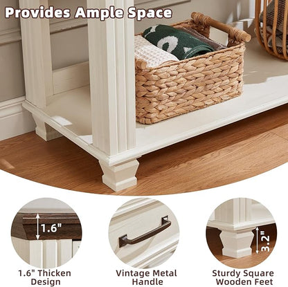 Farmhouse 46" Console Table with 2 Drawers, Rustic Wood 2 Tier Entryway Table with Open Storage Shelf for Entry, Large Mid-Century Vintage Sofa Tables Behind Couch for Living Room, White