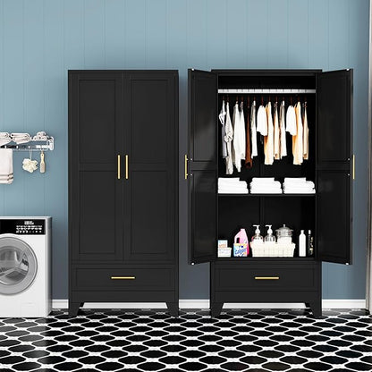 Steel Armoire Wardrobe Closet, 71" Household Wardrobe Cabinet with 2 Doors, 1 Adjustable Shelf and 1 Drawers, Metal Clothing Storage Cabinet with Hanging Rod for Bedroom, Cloak Room,Gym(Black)