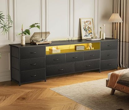 Huuger 78.7 Inch TV Stand for 75, 80 Inch TV, 11 Drawer Long Dresser with Power Outlets and LED Lights, Entertainment Center with Storage, Black Dresser with PU Leather Surface