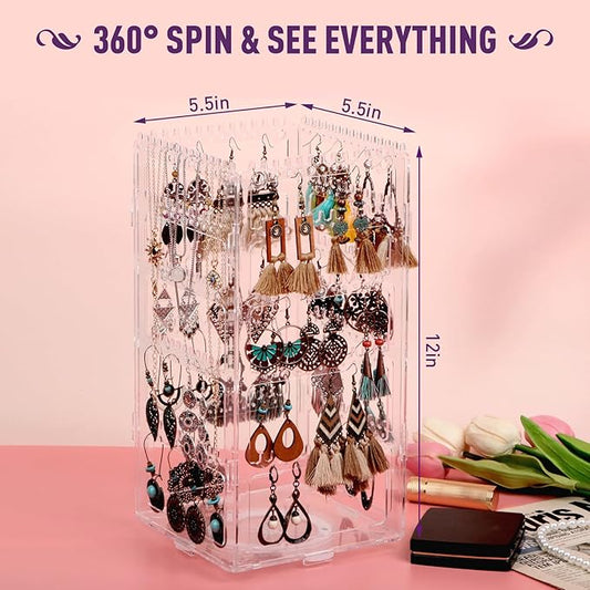 360° Rotating Jewelry Organizer Stand with 5 Layers,Acrylic Earring Holder Organizer Stand,212 Holes and 212 Grooves for Studs,Dangly Earrings,Chains,Bracelets,Necklace