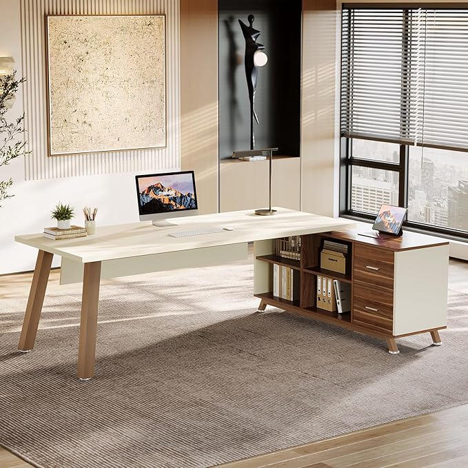 Tribesigns 78.7" L-Shaped Executive Desk, Modern Office Desk with File Drawers & Storage Shelves, Large Computer Desk with 55-Inch Cabinet, Business Workstation for Home Office, White & Walnut