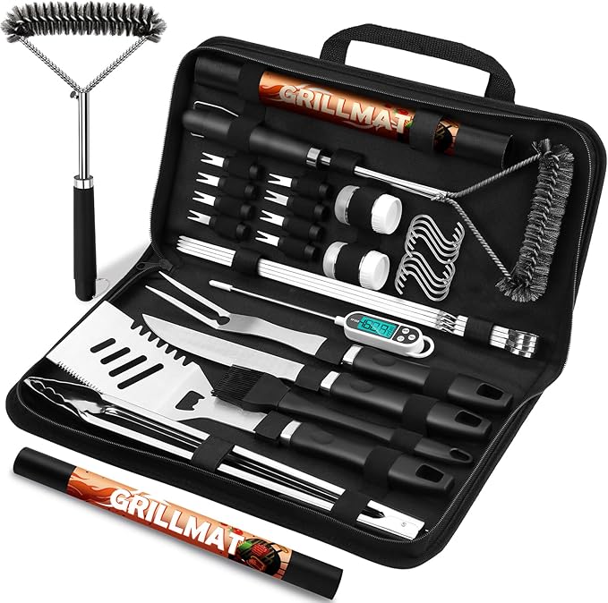 RINPIR 31pcs BBQ Grill Accessories Gifts for Men Dad, Heavy Duty Grilling Tools Gift Set for Father's Day, Stainless Steel BBQ Utensils Kit with Mats, Grill Brush in Carrying Bag Black