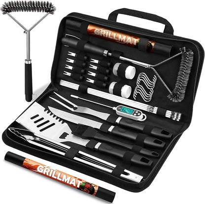RINPIR 31pcs BBQ Grill Accessories Gifts for Men Dad, Heavy Duty Grilling Tools Gift Set for Father's Day, Stainless Steel BBQ Utensils Kit with Mats, Grill Brush in Carrying Bag Black
