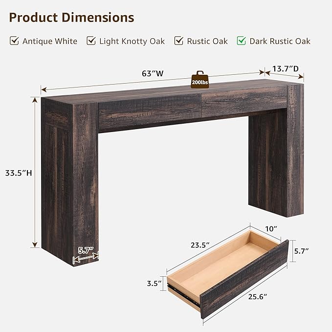 OKD Modern Entryway Console Table, Sofa Table with Drawers, 63" Long Hall Table Behind Couch, Thick Wood Design for Living Room, Hallway - Dark Rustic Oak