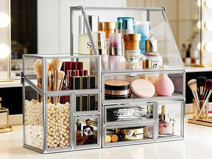 Hersoo Glass Makeup Organizer for Vanity/Stackable 2Pieces Drawer Set/Antique Countertop Vanity Cosmetic Storage Box Mirror Glass Beauty Display, Holder for Brushes Lipsticks Skincare Toner (Silver)