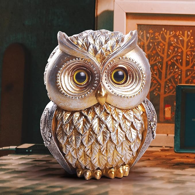 Artpaul Owl Decorations for Home Small Owl Decor Figurines Shelf Decor Home Office Living Room Decorations Birthday Gifts (Gold)