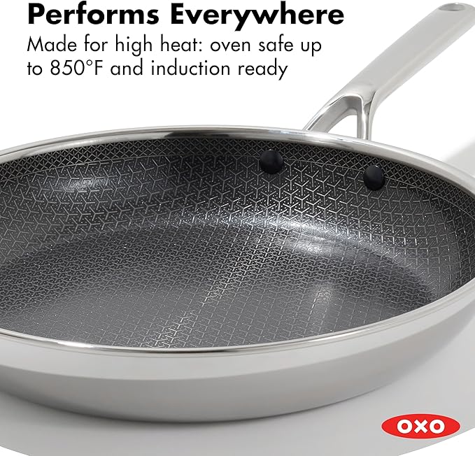OXO Hybrid 12” Nonstick Stainless Steel Frying Pan, PFAS-Free Ceramic Skillet, Fusion Boost Tech for Powerful Searing, Induction & All Cooktop Compatible, Dishwasher Safe, Mirror Polished Tri-Ply
