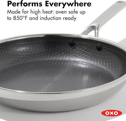 OXO Hybrid 12” Nonstick Stainless Steel Frying Pan, PFAS-Free Ceramic Skillet, Fusion Boost Tech for Powerful Searing, Induction & All Cooktop Compatible, Dishwasher Safe, Mirror Polished Tri-Ply