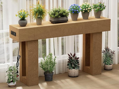 63 Inch Long Console Table w/Outlets & USB Ports, Narrow Rectangular Sofa Table Behind The Couch, Farmhouse Entryway Table for Entrance, Hallway, Living Room