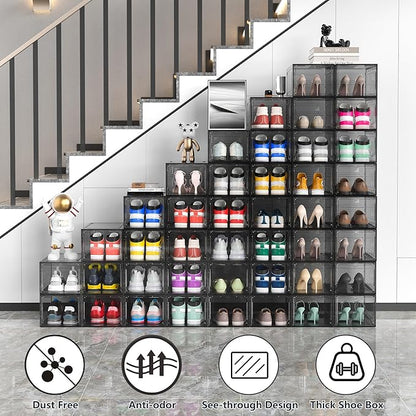 12 Pack Hard Sturdy Thickened Rigid XX Large Shoe Storage Organizer for Closet, Clear Stackable Sneaker Shoe Boxes Rack Containers Display Case Bins with Lids, Grey02