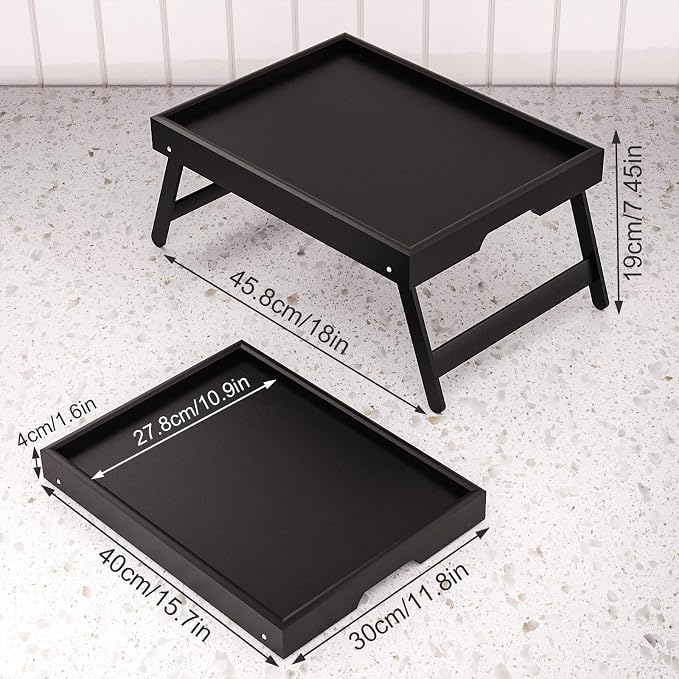 Fibogollo 2 Pack Bamboo Bed Tray Table with Folding Legs,Breakfast Trays,Serving Tray for Food and Snack,Laptop Trays for Working(Black)