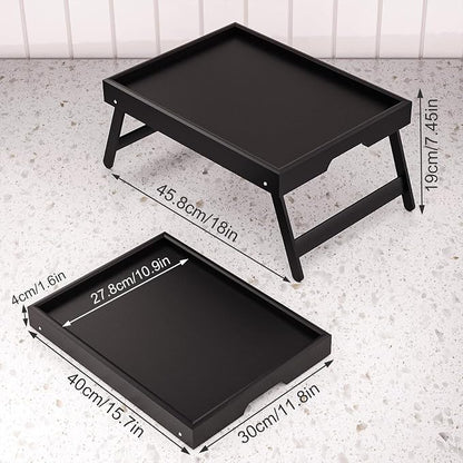 Fibogollo 2 Pack Bamboo Bed Tray Table with Folding Legs,Breakfast Trays,Serving Tray for Food and Snack,Laptop Trays for Working(Black)