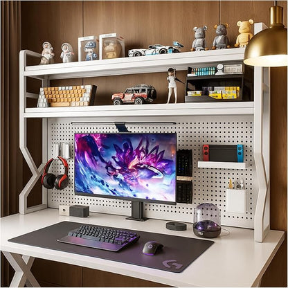Desktop Hutch Bookshelf,Many Gifts,Metal Desktop Bookcase with pegboard, Desk Shelf White, Countertop Storage Organizer Rack for Dorm or Office,Desktop Shelves(White, 37.4" Lx9.9 Wx39 H)