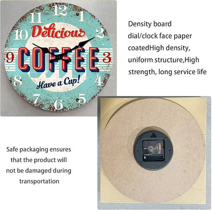 XFM Rustic Kitchen Wall Clock 10 Inch Blue Wooden Wall Clocks Silent Non-Ticking Battery Operated Retro Round Clocks for Cafes Bar Farmhouse Office