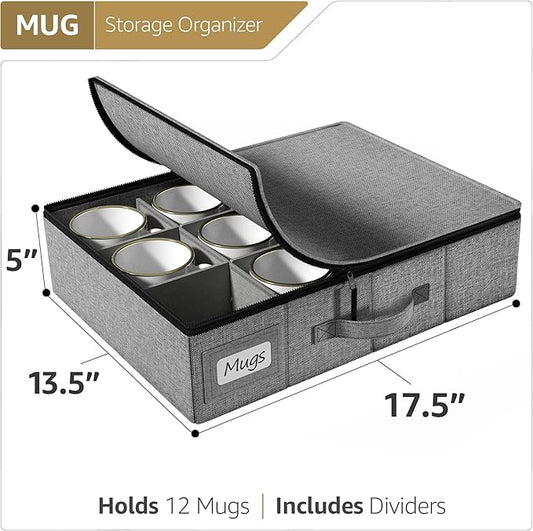 Sorbus Coffee Mug Organizer - Storage Case with Hard Shell, Label Windows, Handles & Dividers (Fits 12 Mugs)