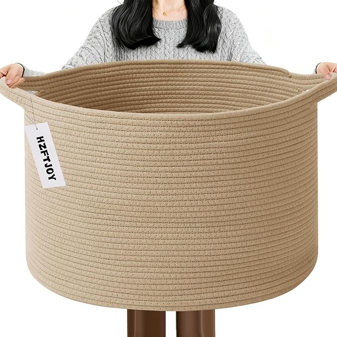 115L Extra Large Blanket Basket,Woven Rope Laundry Basket Hamper with Handles, Decorative Nursery Basket Storage Bin for Toys, Clothes Organizer, Living Room, Bedroom, Bathroom, Camel