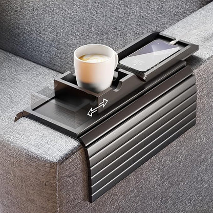 Bestjing Bamboo Couch Armrest Table, Sofa Arm Tray with Detachable Couch Cup Holder- 2 in 1 Anti-Slip Foldable Sofa Armchair Caddy Table for Drinks Cellphone TV Remote Snacks (Black)