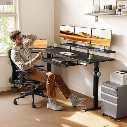 OffiGo 63 Inch L Shaped Electric Standing Desk with Keyboard Tray, Reversible Height Adjustable Corner Computer Desk with Monitor Stand, Sit Stand Up Lift Table for Home, Office, Carbon Fiber Black