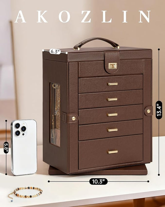 AKOZLIN 6-Tier Jewelry Box Organizer Functional 5 Drawers Leather Jewelry Storage Case for Women Girls Ring Necklace Earring Bracelet Holder Organizer with Mirror XL Brown 360° Rotating