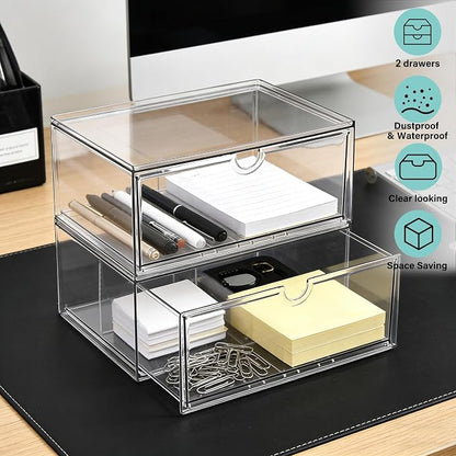 Prsildan Acrylic Makeup Organizer, 2 Pack Stackable Clear Storage Drawers for Baby Bottles Desk Organizers with 2 Drawers for Countertop Vanity Nursery Modular System for Cosmetics Jewelry