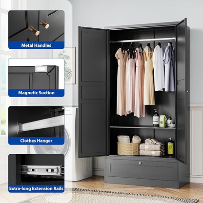 BYNSOE Metal Armoire Wardrobe Closet with 2 Doors 72'' Wardrobe Cabinet with Drawers and Hanging Rail Metal Closet with Adjustable Shelves for Bedroom. (Black, with 1drawer)