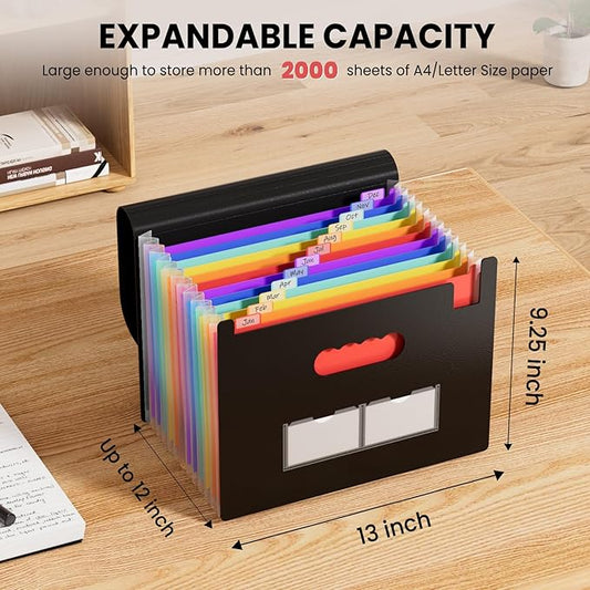 Sooez Accordion File Organizer, 13 Pockets Expanding File Folder, Portable Monthly Paper Bill Tax Receipt Organizer, Letter A4 Size Document Holder with Blank Labels, White